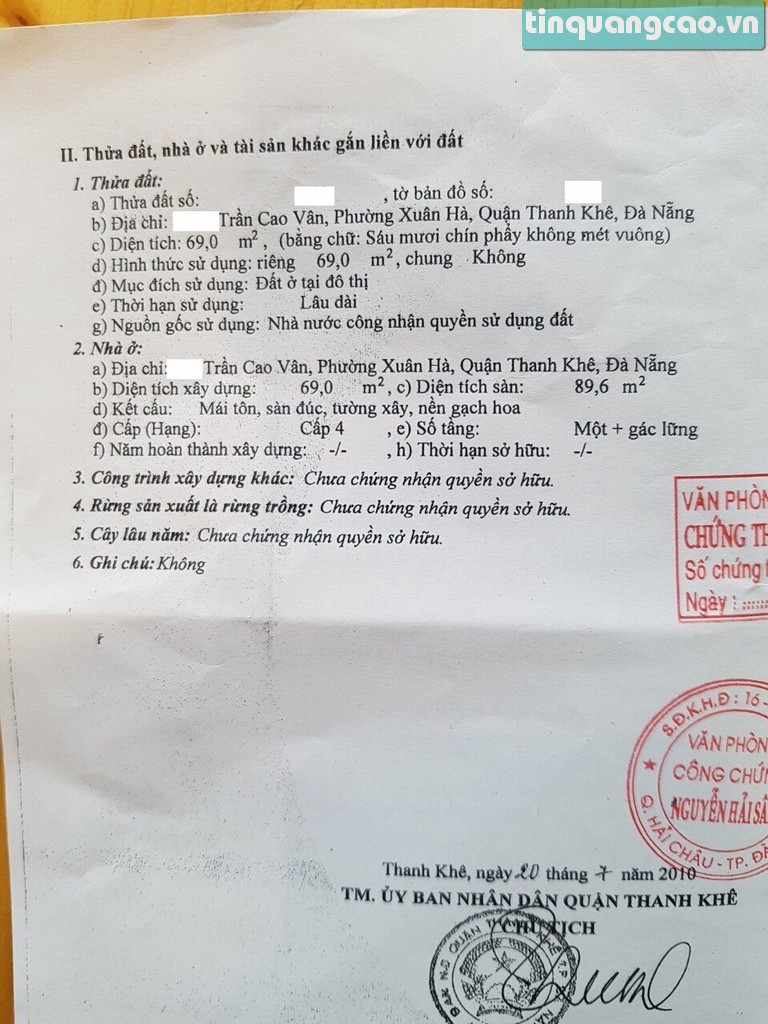 Bán nhà mặt tiền đường Trần Cao Vân, P. Xuân Hà, Q. Thanh Khê