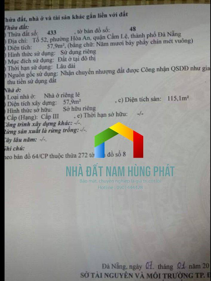 Bán nhà riêng tại Đường Tôn Đản, Phường Hòa An, Cẩm Lệ, Đà Nẵng diện tích 58m2  giá 2.95 Tỷ