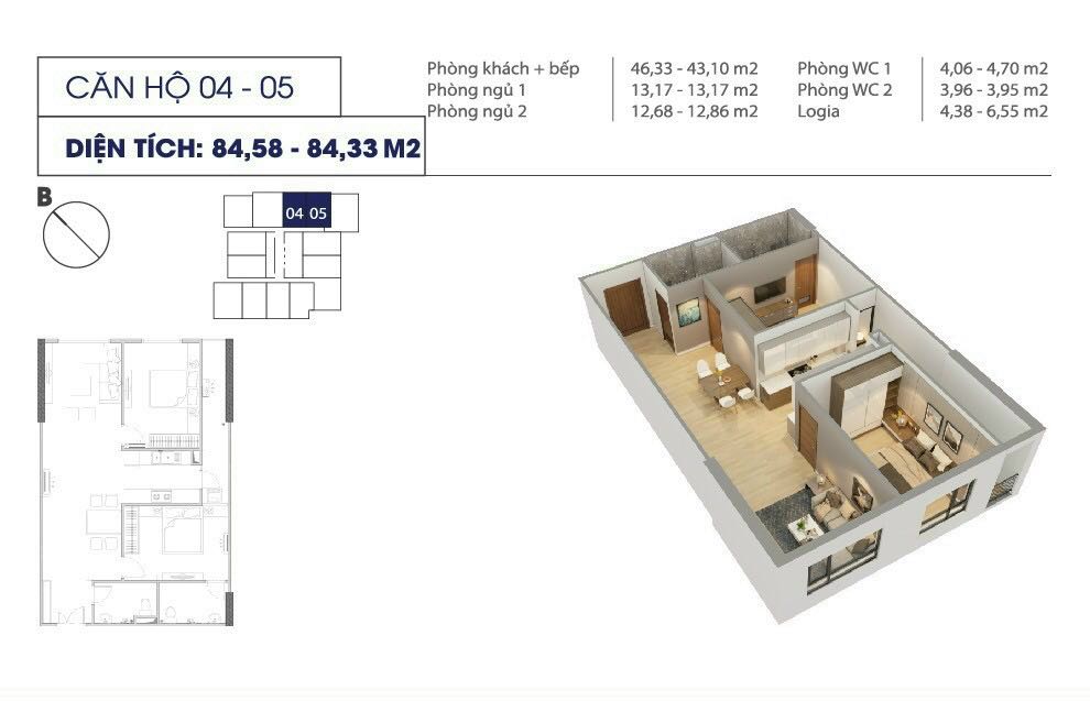 Cần bán gấp căn hộ 2PN 2VS tại Hoàng Mai 85m2