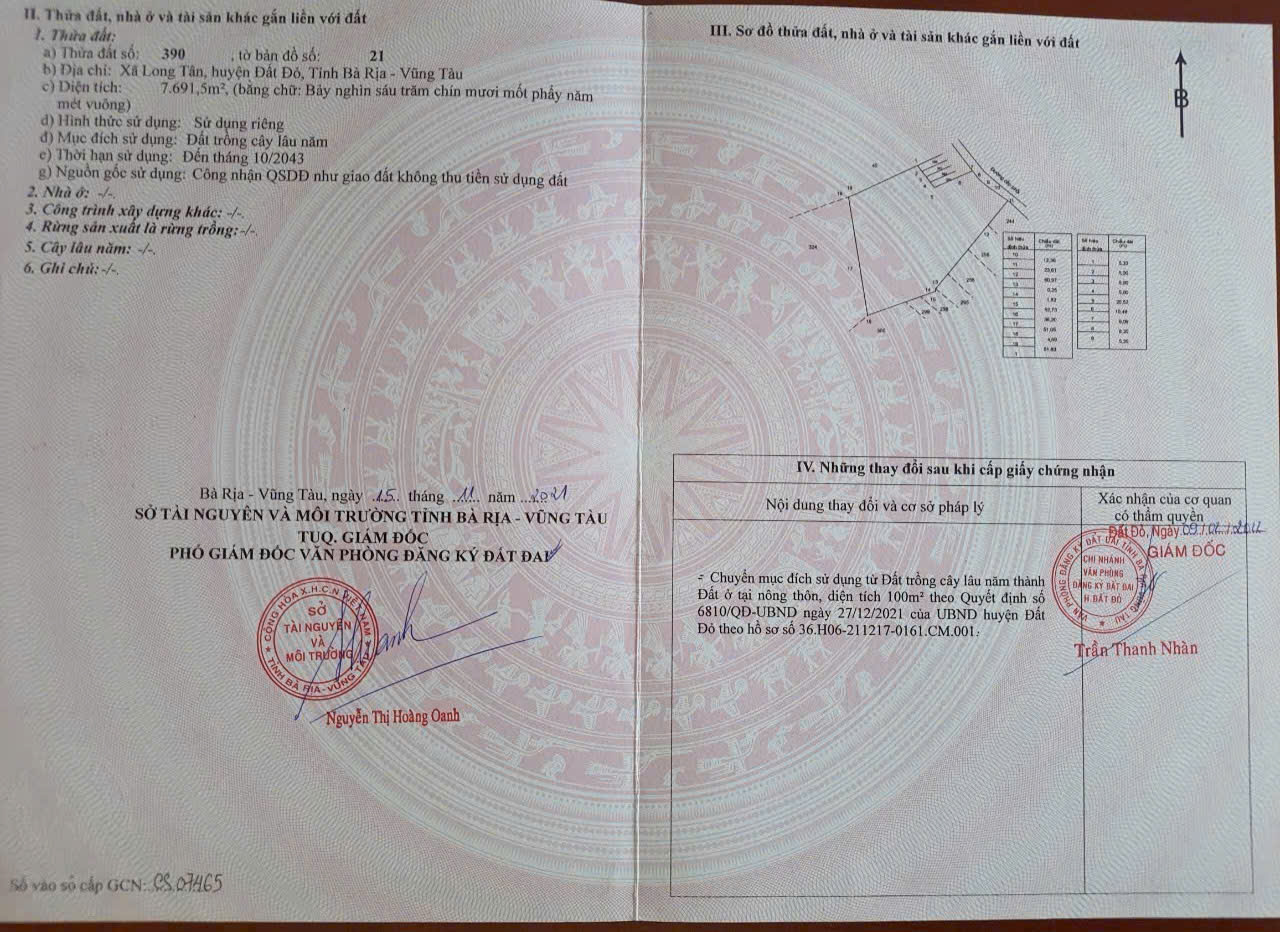 BÁN 7691.5 M² ĐẤT XÃ LONG TÂN, ĐẤT ĐỎ GIÁ 3 TỶ / SÀO. LH:0938677702.