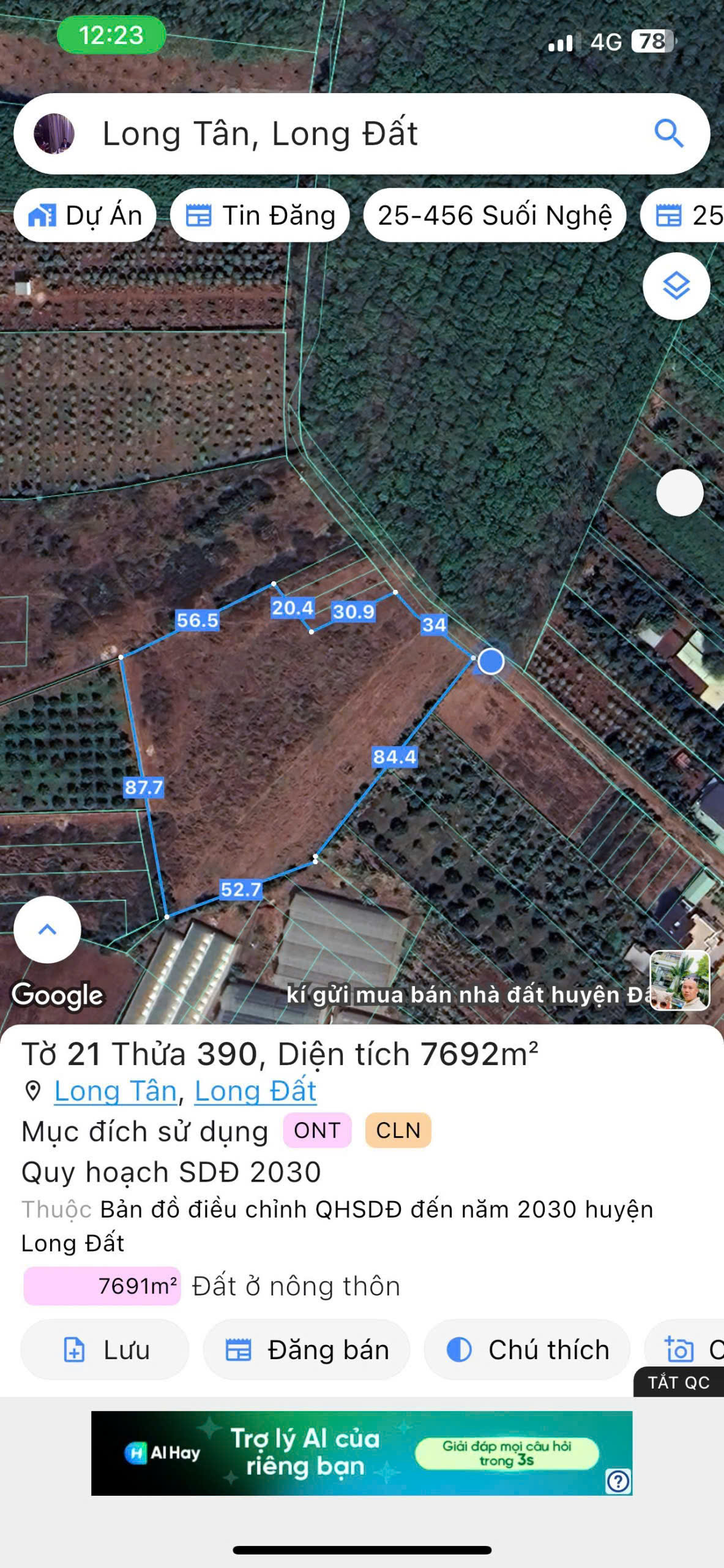 BÁN 7691.5 M² ĐẤT XÃ LONG TÂN, ĐẤT ĐỎ GIÁ 3 TỶ / SÀO. LH:0938677702.