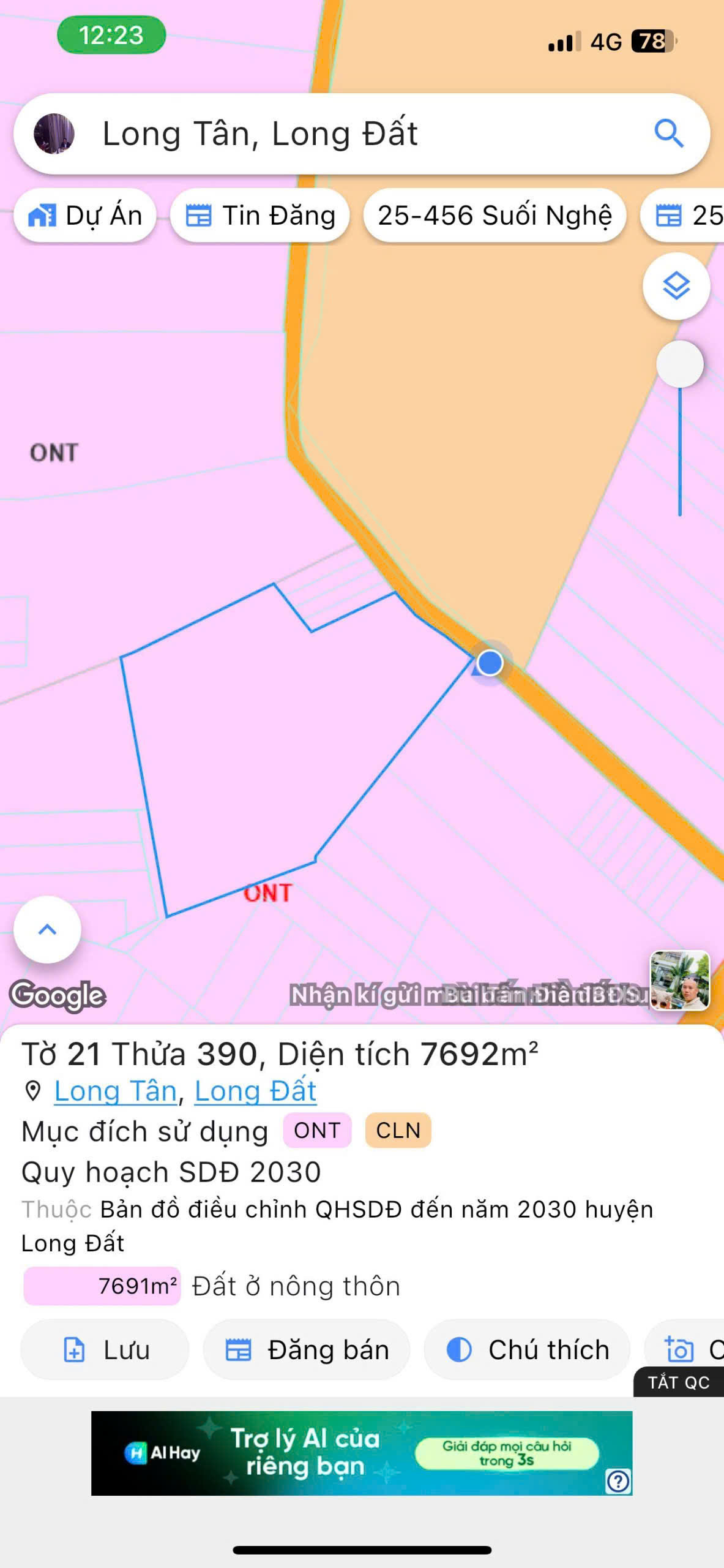 BÁN 7691.5 M² ĐẤT XÃ LONG TÂN, ĐẤT ĐỎ GIÁ 3 TỶ / SÀO. LH:0938677702.